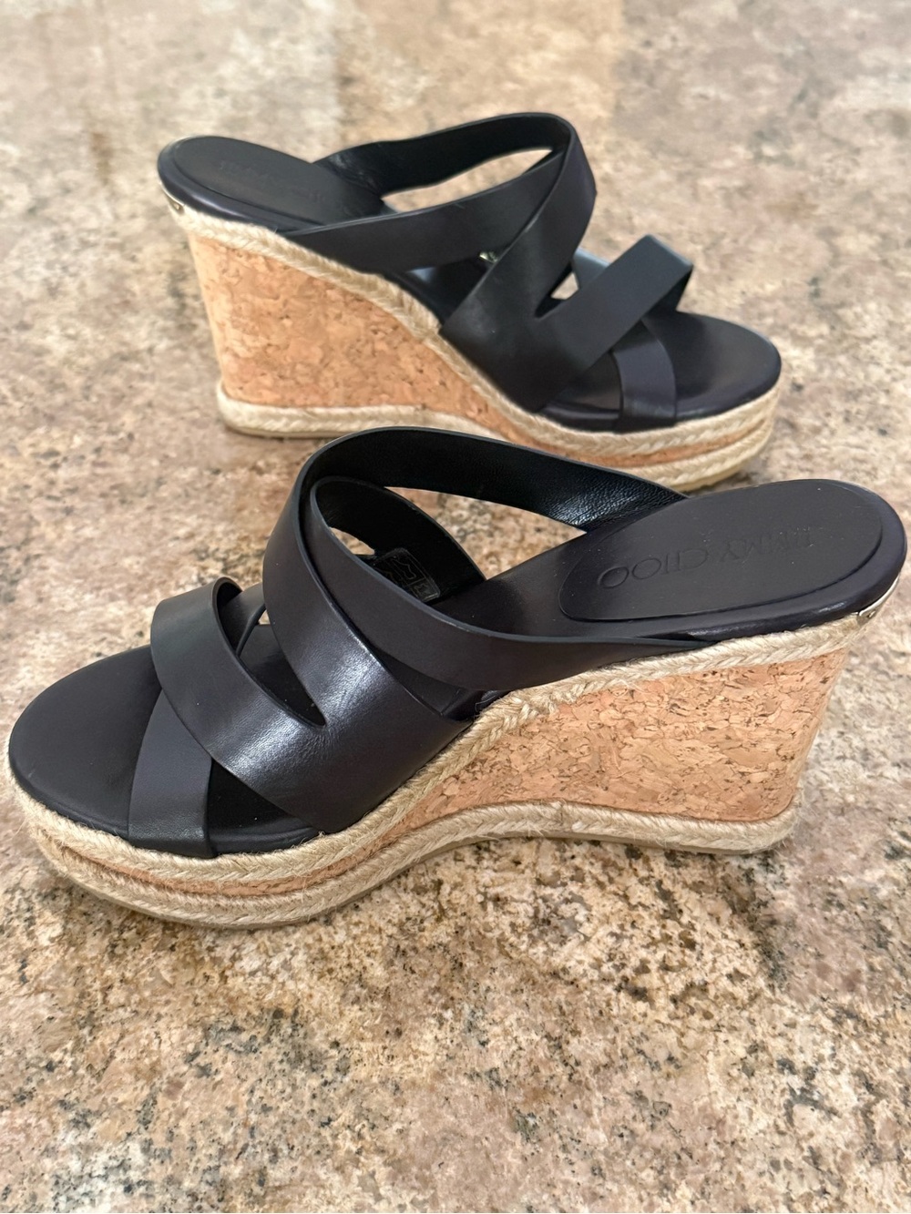 Jimmy Choo Black Leather Cork Wedge Sandals 37